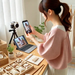 日本人の女性が自宅でハンドメイド商品の出品準備をしている様子。スマートフォンを使い、商品を写真撮影している。