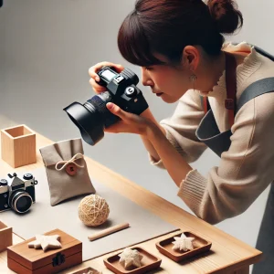日本人の女性がハンドメイド商品の魅力的な写真を撮影している様子。背景はシンプルで、商品の細部までクリアに見えるように工夫されている。