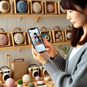 日本人の女性がスマートフォンを使い、Instagramにハンドメイド商品の写真を投稿している様子。背景には完成した商品が並んでいる。