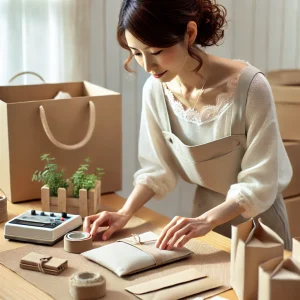 日本人の女性が商品を丁寧に梱包し、発送準備をしている様子。エコフレンドリーな梱包材を使用して、商品の保護を徹底している。