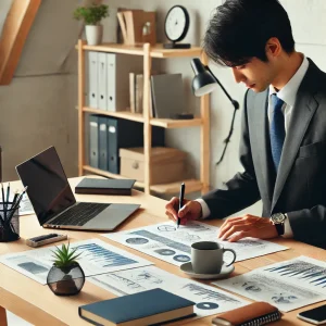 ポートフォリオ作成に取り組む日本人ビジネスマンがホームオフィスのデスクでノートパソコンを使用しているシーン。