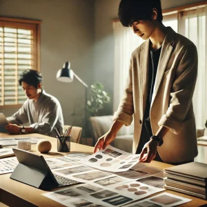 ホームオフィスでポートフォリオの構成を計画する日本人ビジネスマン。