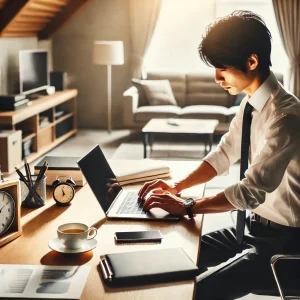 モチベーションを維持するための朝のルーティンを行う日本人ビジネスマン。ノートパソコンとコーヒーカップが置かれたデスク。