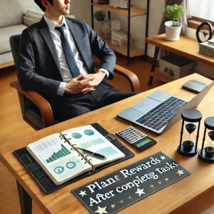 モチベーションを維持するための朝のルーティンを行う日本人ビジネスマン。ノートパソコンとコーヒーカップが置かれたデスク。
