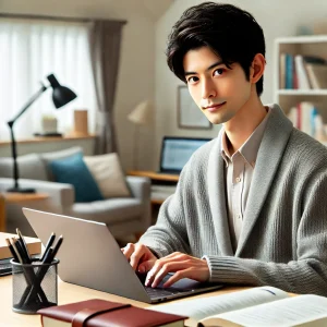 整理整頓された日本のホームオフィス。デスクに観葉植物とノートパソコンが置かれ、集中できる環境を整えた空間。