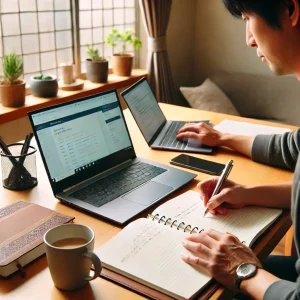 日本人ビジネスパーソンがノートパソコンでオンライン学習を受講し、メモを取っている姿。効率的な学びのためのリソース活用がテーマ。