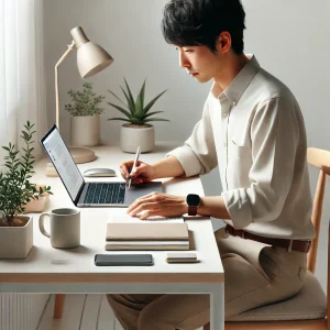 自宅の明るいデスクでパソコンを操作しながらリサーチを行う日本人男性。副業開始に向けて情報収集する様子。