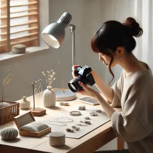 日本人女性が自宅のシンプルなデスクで、オンラインマーケット用のハンドメイドアクセサリーを写真撮影している様子。