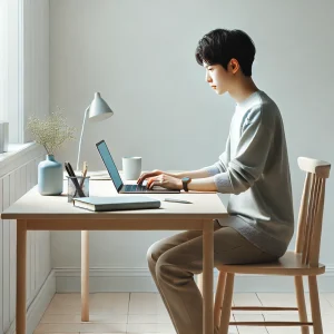 ミニマルなデスクでノートパソコンを操作する若い日本人。明るく整ったホームオフィスで、副業を始めたばかりの初心者を表現しています。