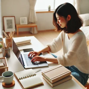 明るくシンプルな部屋でノートパソコンを操作する日本人女性。机の上にはノートやコーヒーカップが置かれ、リラックスしつつ集中している雰囲気を表現しています。