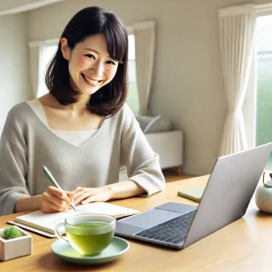 ミニマルなデスクでノートパソコンと緑茶、ノートを前に、微笑みながらメモを取る日本人女性。明るい自然光が差し込む部屋で、副業に成功している姿を象徴しています。