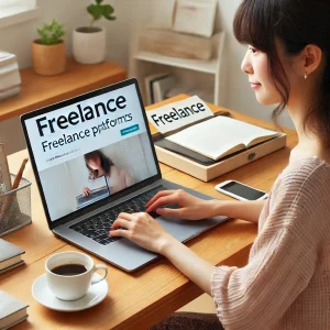 日本人のライターが、自宅のデスクでフリーランスプラットフォームを使ってライティング案件を検索している様子。