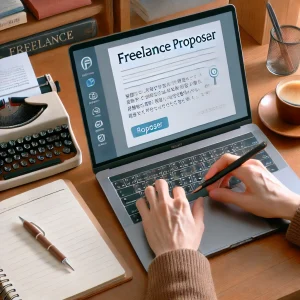 日本人のライターが、フリーランスプラットフォームで案件に応募するための提案文を作成している様子。◯