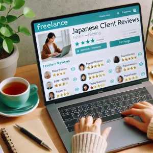 日本人のライターが、フリーランスプラットフォームで高評価のレビューを確認しながら次の案件を選んでいる様子。◯