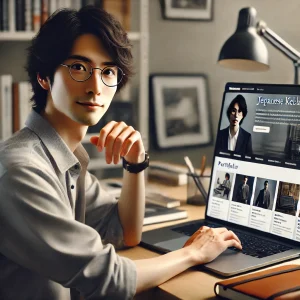 日本人のライターが、自信に満ちた表情で、自分の作品をポートフォリオとして公開しているウェブサイトを誇らしげに見せている様子。