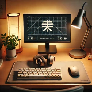 日本のホームオフィス。静音性の高いキーボード、ノイズキャンセリングヘッドフォン、カスタムデザインのマウスパッドが配置されたデスク。小型ランプが暖色系の光を放ち、観葉植物がアクセントを添えた作業空間。