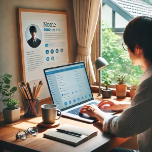 日本のホームオフィスで、SNSプロフィールを編集している人物。デスクにはコーヒーマグと小さな観葉植物が配置されている。