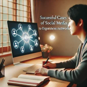 日本のホームオフィスでSNSを活用し、ビジネス人脈を広げる成功事例を学ぶ人。机にはPCとメモ帳が配置されている。