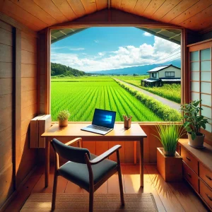 田舎の日本家屋にある快適なホームオフィスのセットアップ。木製の机にノートパソコンが置かれ、窓からは青空の下で緑豊かな田んぼが見える。この環境は、地方での生産的で落ち着いたリモートワークを象徴している。
