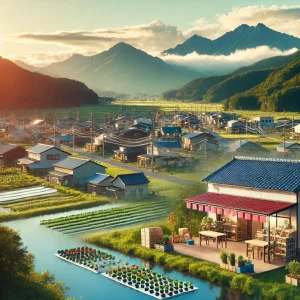 日本の田舎町の風景。前景に小さな商店があり、背景には山々が広がる。地方のリソースを活用し、リモートワークの可能性を象徴する静かで美しい環境。