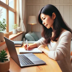  ノートパソコンを前に、メモを取りながらスキルシェアプラットフォームの講義を準備する日本人女性。効率的な副業の様子を表しています。