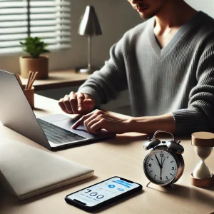 ミニマルなデスクでタイマーを設定しながら、タスク管理アプリを使用する日本人男性。時間管理の重要性を象徴しています。