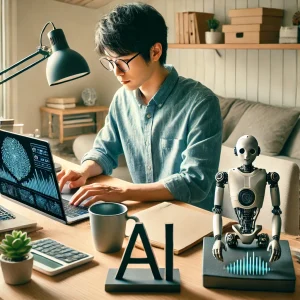 自宅でAIツールを使いながらデータ分析をする日本人男性。最新テクノロジーを活用した副業の象徴的な場面です。