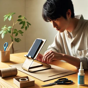 日本人男性がリサイクル品を使ってスマートフォンスタンドを作成している様子。家庭での再利用を取り入れたミニマルな副業のシンボル。