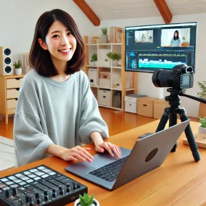 日本人女性がオンラインプラットフォームを使用して動画編集スキルを教えている様子。簡単な設備で教育スキルを活かした副業を象徴しています。