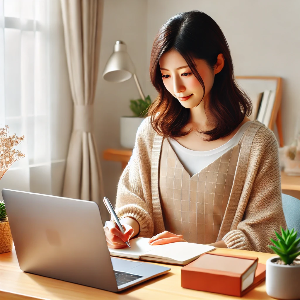 日本人女性がミニマルなデスクでパソコンを使いながらノートを取っている様子。副業を始める初心者に向けたポジティブな雰囲気を演出。