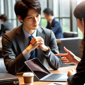 共同作業スペースで同僚に建設的なフィードバックを提供する日本人のプロフェッショナル。効果的なコミュニケーションを象徴するジェスチャーと注意深い聞き取りを示しています。