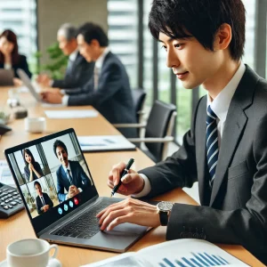 整然としたオフィスで、同僚とビデオ通話を通じて有意義な会話をする日本人プロフェッショナル。効果的なコミュニケーションと落ち着いた職場環境を象徴するシーン。