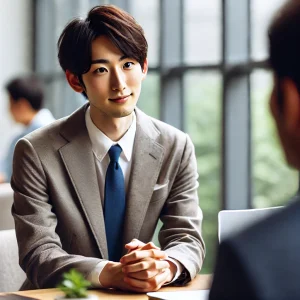 現代的なオフィスで同僚の話を積極的に傾聴している日本人のプロフェッショナル。うなずきとアイコンタクトを維持し、効果的な非言語コミュニケーションスキルを示しています。
