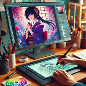日本人の初心者アーティストが、ペンタブレットを使いながらデジタルアートを描いている様子。背景には描きかけのデジタルイラストがモニターに表示されている。