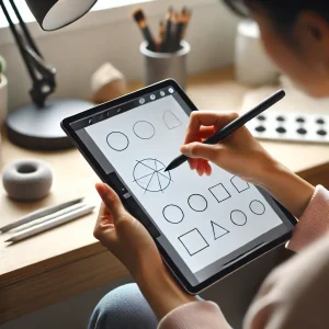 日本人のアーティストが、デジタルアートの基礎練習としてタブレットで簡単なスケッチを描いている様子。