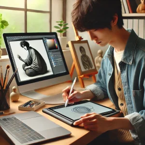 日本人のアーティストがオンラインチュートリアルを見ながら、タブレットでデジタルアートを練習している様子。