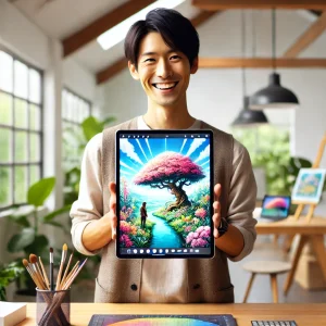 日本人のアーティストが、自信に満ちた表情でデジタルアートの完成作品をタブレットに表示し、誇らしげにポーズを取る様子。