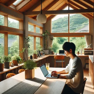 日本の地方にある居心地の良い自宅オフィスでリモートワークをする日本人男性。木製のデスクにノートパソコンを置き、窓から自然光が差し込む空間で作業している。背景には緑豊かな景色が広がる。静かで生産的な雰囲気が感じられる。