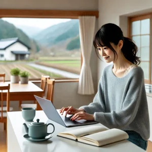 日本の地方にある明るくミニマルなキッチンでリモートワークをする日本人女性。テーブルにノートパソコンとノートを置き、カジュアルな服装で作業中。近くにはティーカップがあり、小窓から田舎の景色が見える。穏やかで生産的な雰囲気が感じられる。