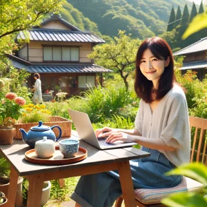 日本の田舎の明るい庭でリモートワークをする日本人女性。屋外テーブルにノートパソコンを置き、緑や花々に囲まれて作業中。近くにはティーセットがあり、穏やかで生産的な雰囲気を楽しんでいる。