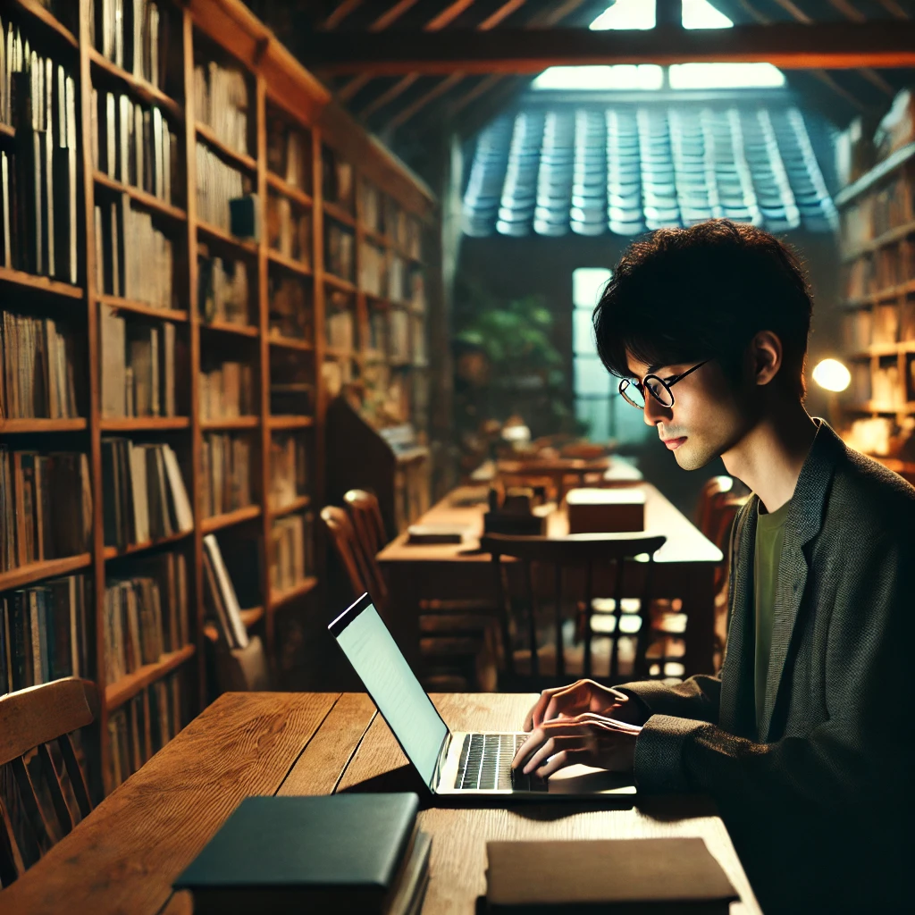 日本の静かな田舎の図書館でリモートワークをする日本人男性。本棚に囲まれ、木製の家具と柔らかな照明が特徴的な空間でノートパソコンを使って作業中。眼鏡をかけて集中しており、学問的で生産的な雰囲気が漂っている。