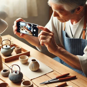 シニア世代の男性が、手作りの商品を自然光の下でスマホを使って丁寧に撮影している様子。