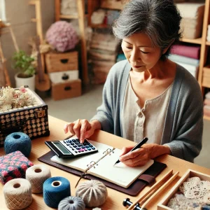 オリジナル名製作品の原価を計算する女性