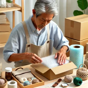 製作品を丁寧に梱包する男性