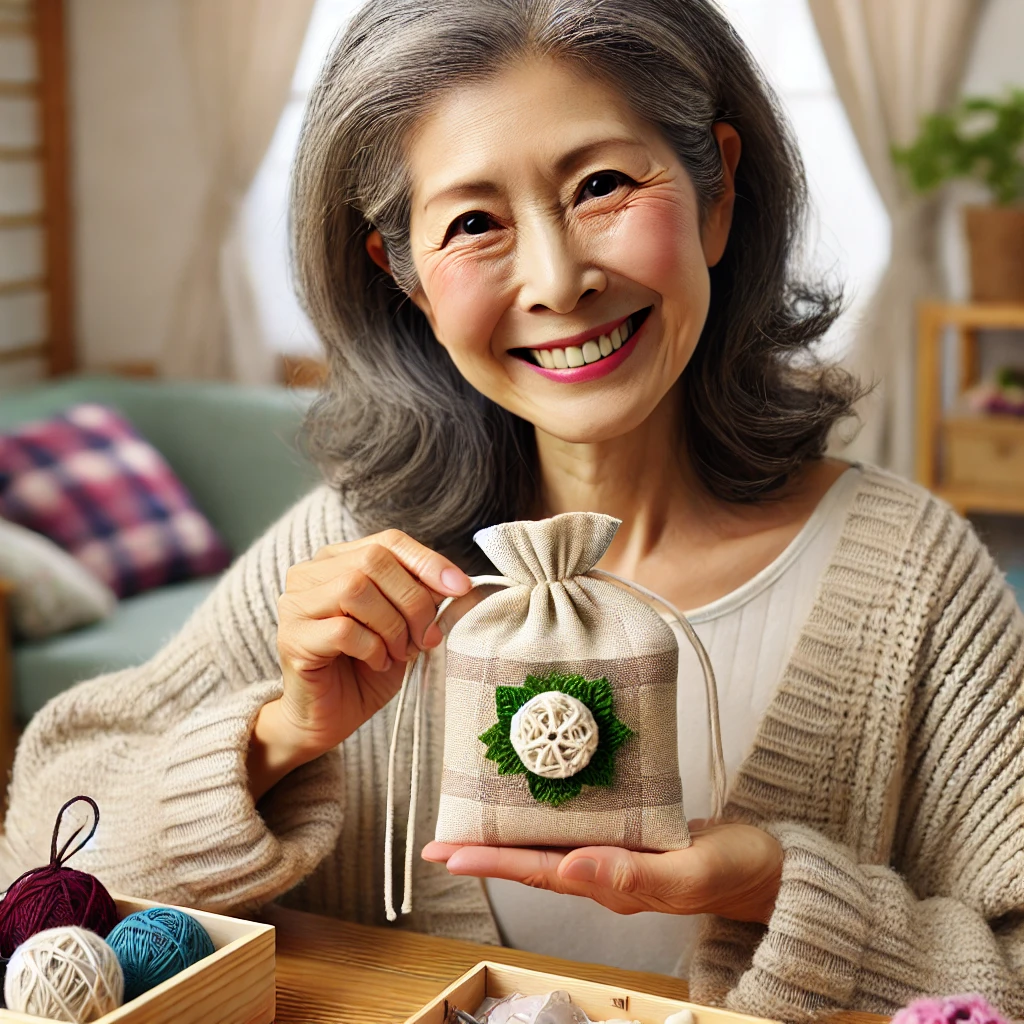 ハンドメイド作品を見せる女性