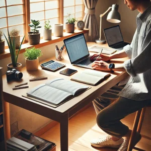 ノートパソコンとスケジュール帳が置かれたデスクで、時間管理を意識しながら副業の計画を立てる様子。