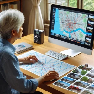 シニア男性が自宅で観光地マップを作成している様子。パソコン画面には地図が表示され、手元には観光名所の写真が並んでいる。」