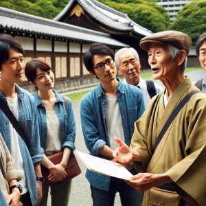 シニア男性が地元観光ツアーを案内し、参加者に歴史の話をしている様子。