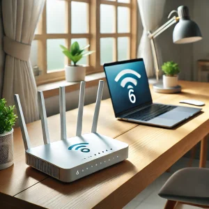 モダンな日本のホームオフィス。デュアルバンドWi-Fi 6ルーターがデスク上のノートパソコンと観葉植物の隣に配置され、窓からの自然光が空間を明るく照らしています。高速かつ安全なインターネット環境を象徴するシーン。