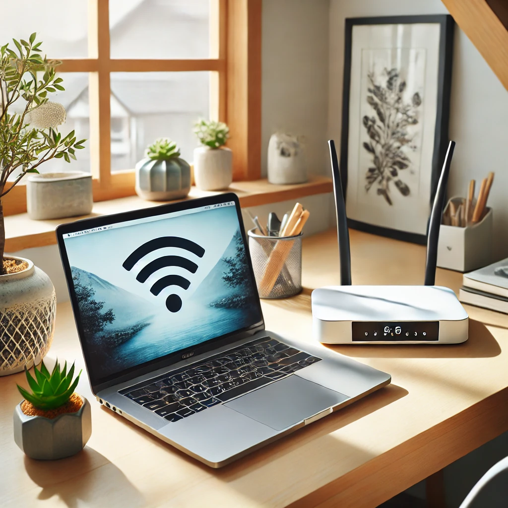 モダンな日本のホームオフィス。デスクの上にはノートパソコン、デュアルバンドWi-Fi 6ルーター、小さな観葉植物が配置され、窓からの自然光が明るく照らす空間。生産性と効率的なインターネット接続を象徴しています。